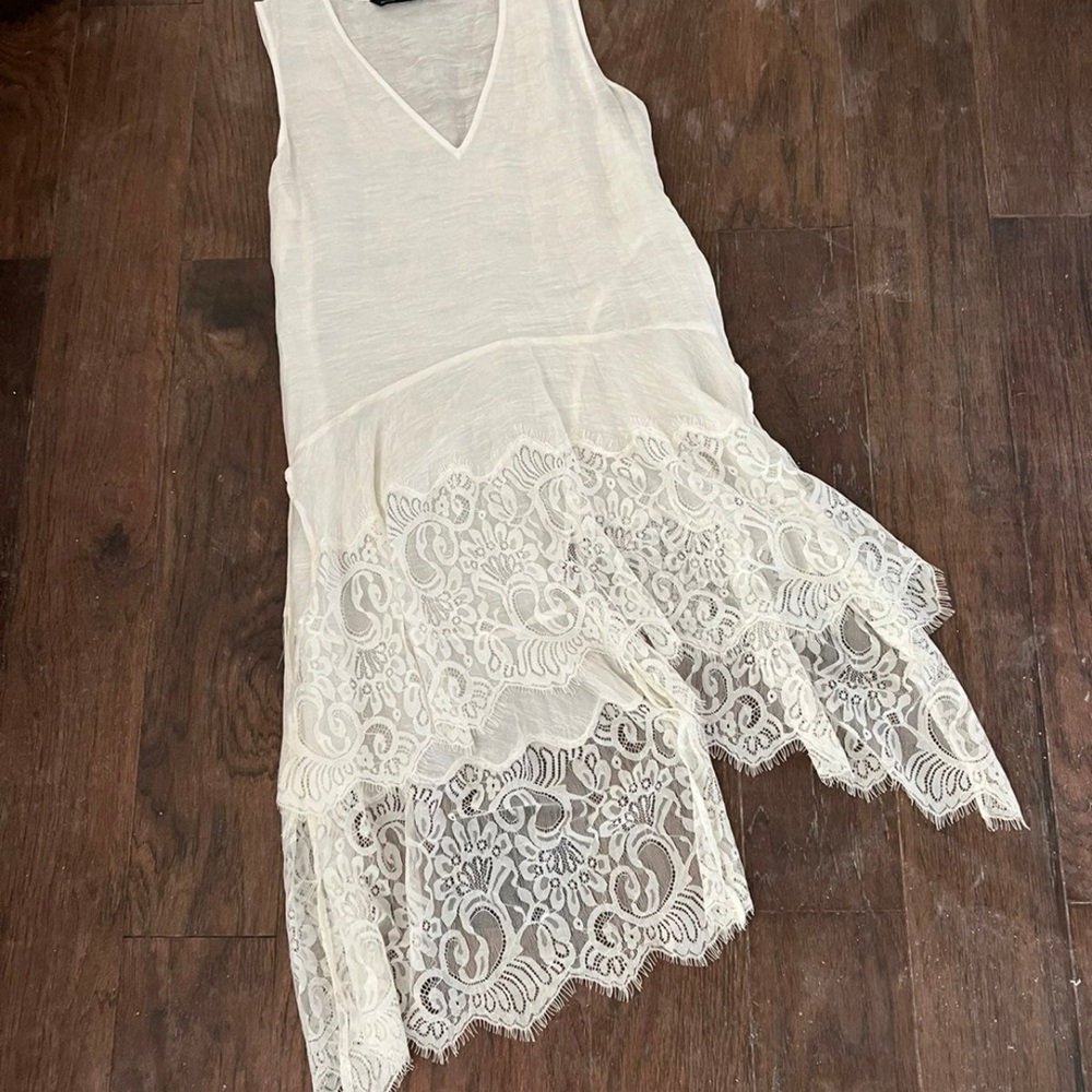 Zara White Tunic Dress Lace trim Waterfall Asymmetrical SZ S